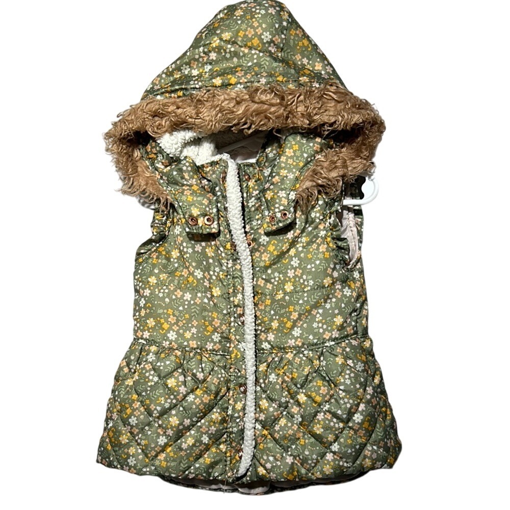 Floral Green Floral Hooded Vest with Faux Fur Trim Size 4T Preowned